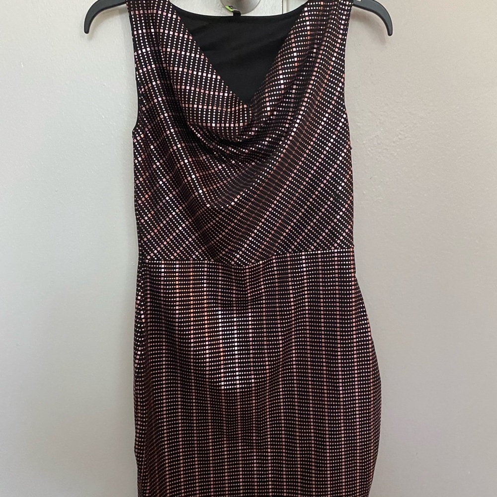 Sleeveless Black and Rose Gold Metallic Cowl Neck Dress